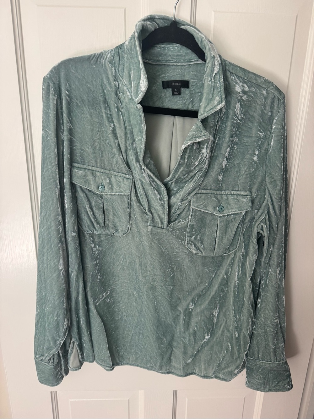 J. Crew Crushed Velvet Pullover Shirt in Sage Green